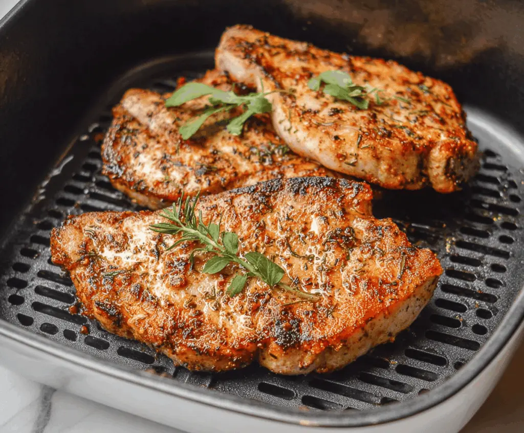 Crispy Air Fryer Thin Pork Chops served on a plate with garnishes, perfect for a quick and flavorful dinner
