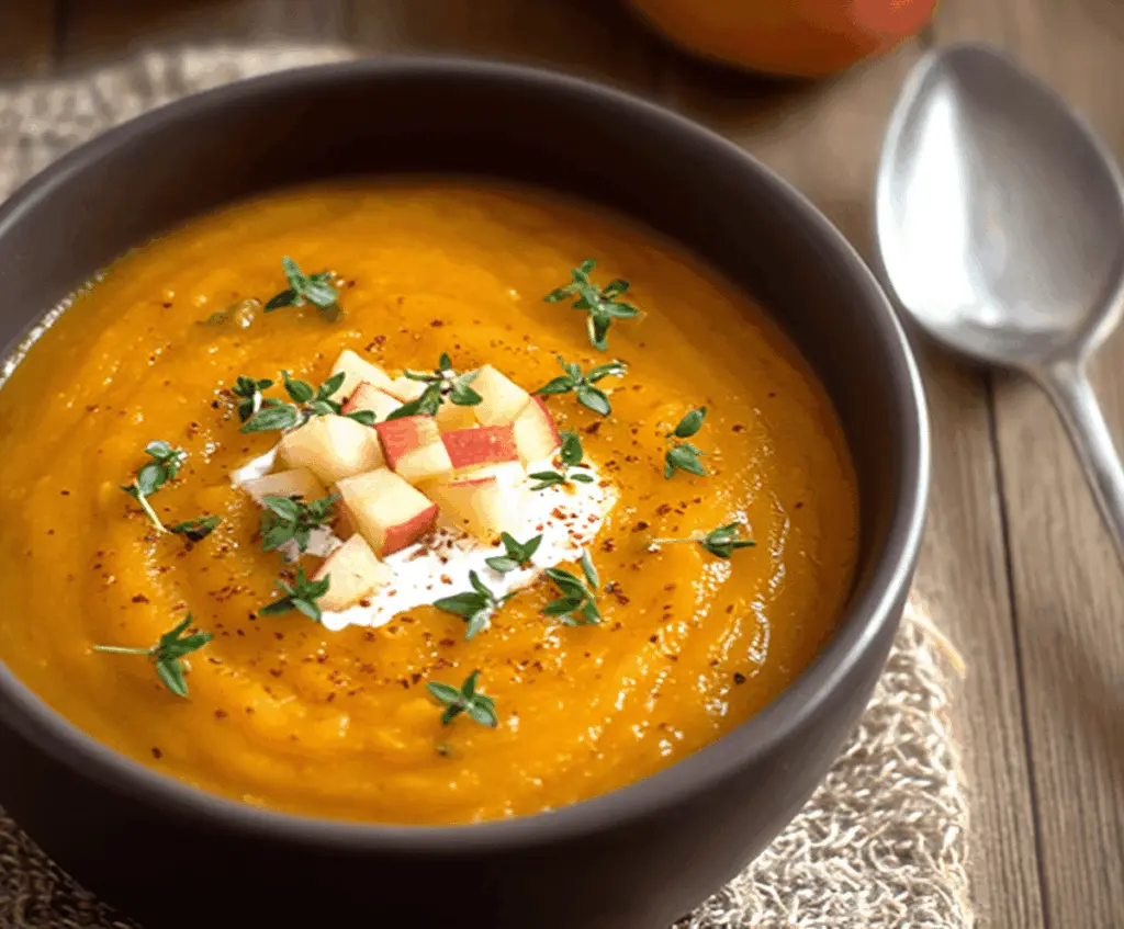 Creamy apple and sweet potato soup garnished with fresh herbs in a white bowl, perfect for a comforting and healthy meal.