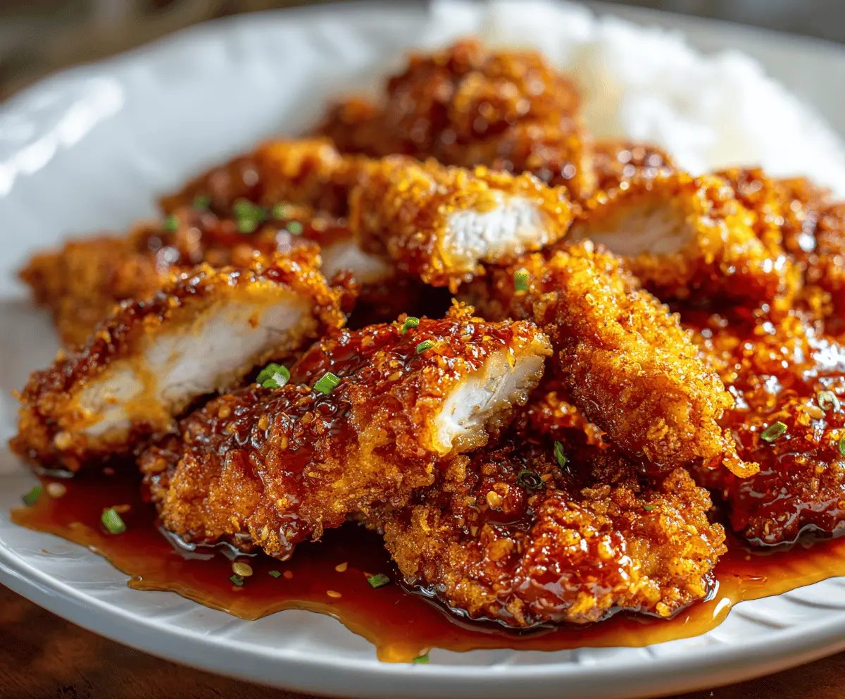 Sweet and Spicy Baked Hot Honey Chicken Close-up of crispy baked hot honey chicken coated in glaze