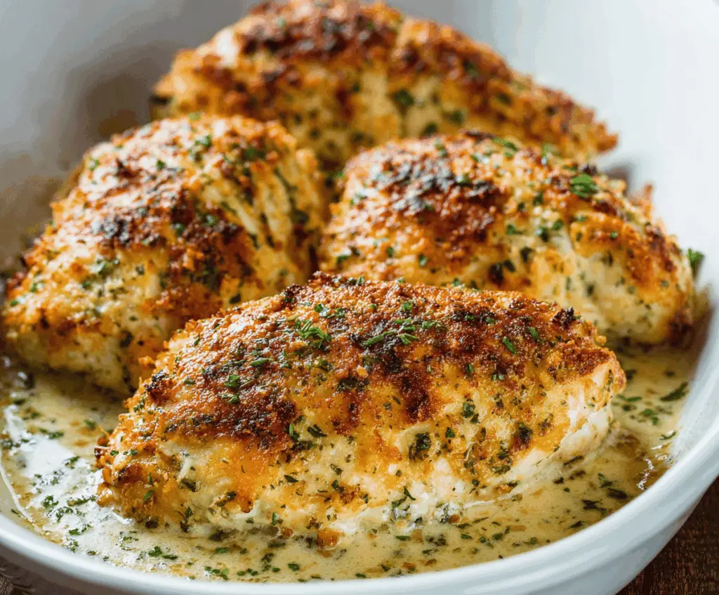 Juicy baked ranch chicken breast topped with crispy golden coating, served with fresh herbs and vegetables on a white plate.