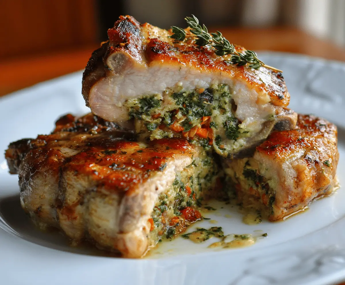 Delicious baked stuffed pork chops with stuffing and herbs on a serving plate, ready to enjoy