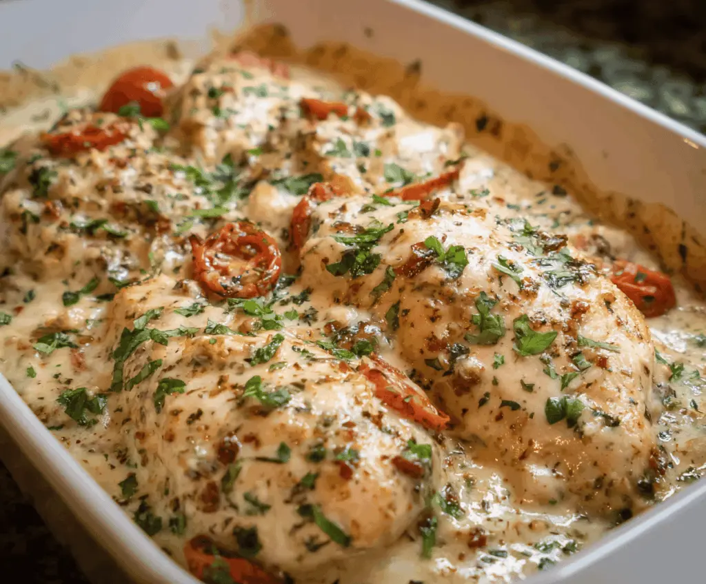 Creamy Baked Tuscan Chicken Casserole with spinach, sun-dried tomatoes, and mozzarella cheese in a baking dish