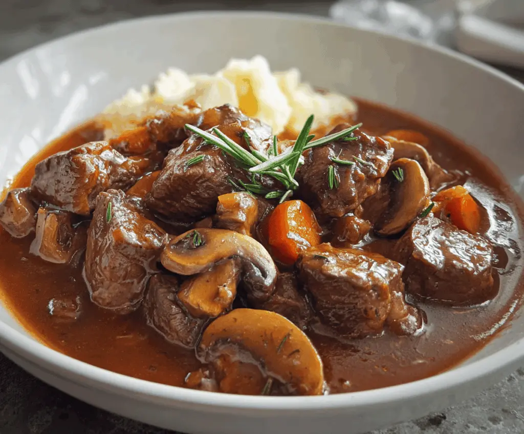 Hearty beef stew with tender beef chunks, sliced mushrooms, carrots, and potatoes in a savory broth served in a rustic bowl.