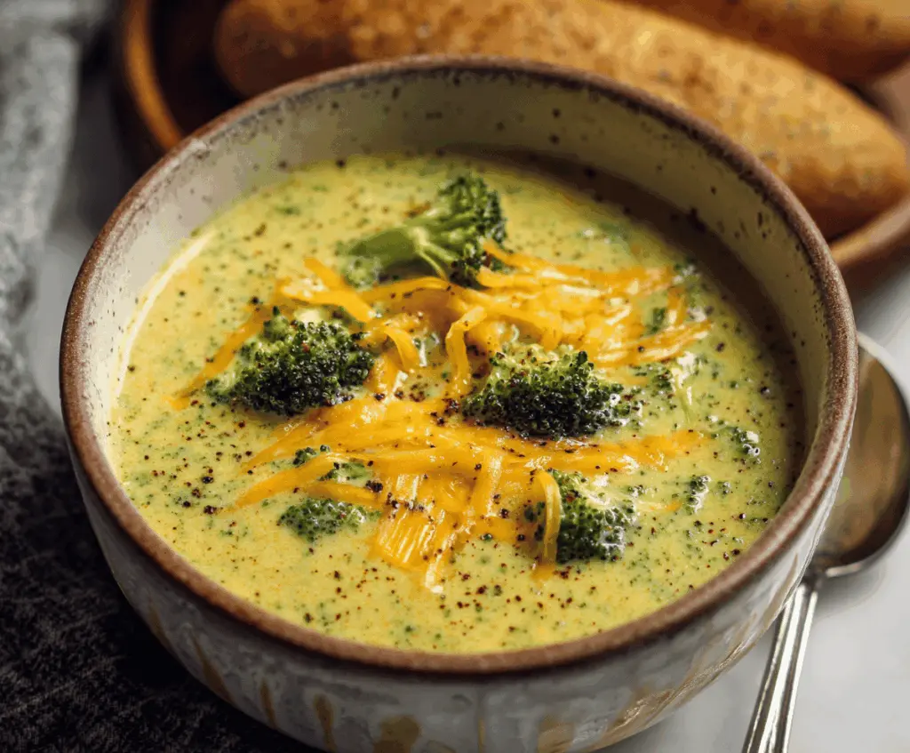Creamy broccoli cheddar soup garnished with fresh broccoli florets and shredded cheddar cheese in a rustic bowl, perfect for a comforting meal.