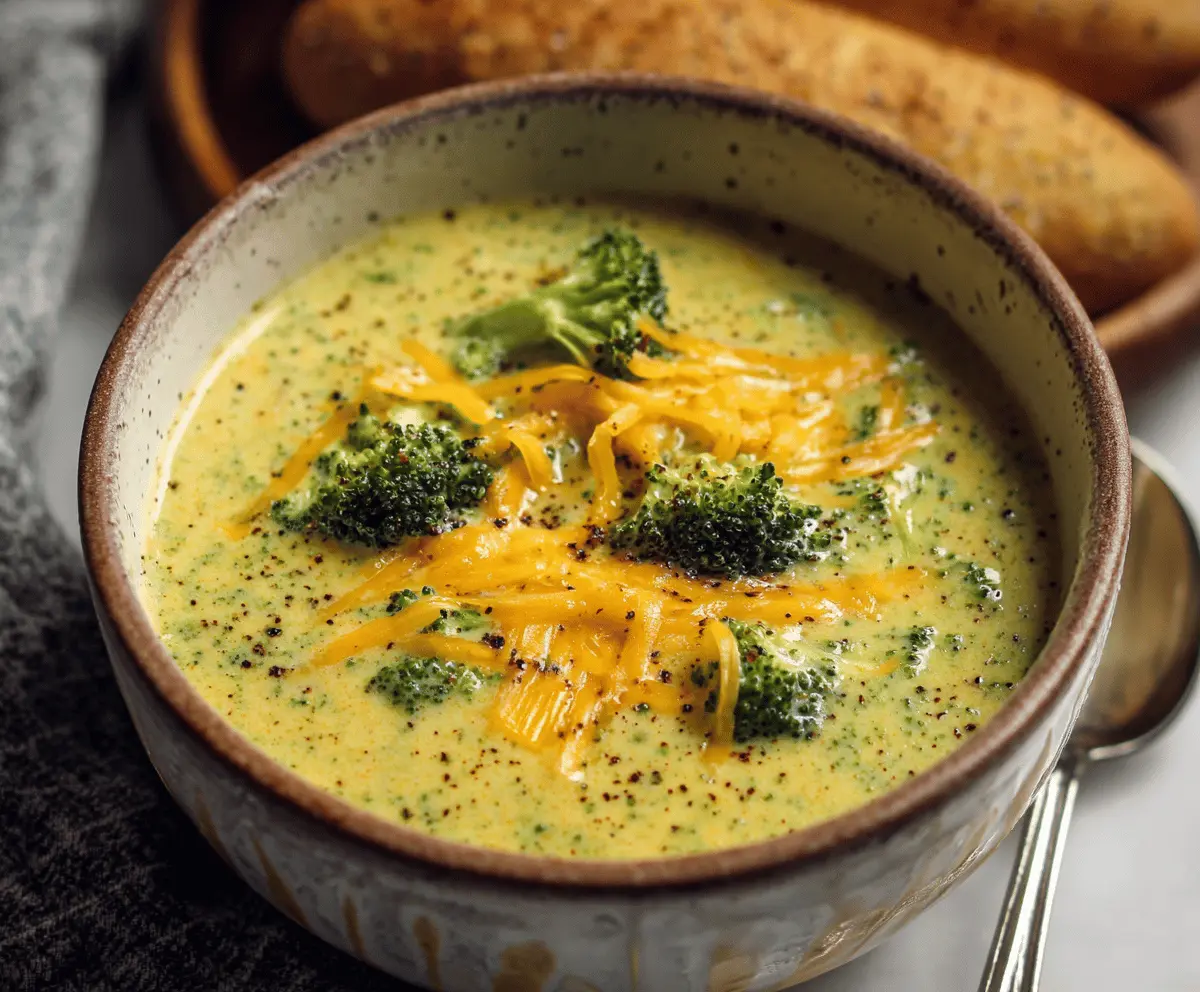 Creamy broccoli cheddar soup garnished with fresh broccoli florets and shredded cheddar cheese in a rustic bowl, perfect for a comforting meal.