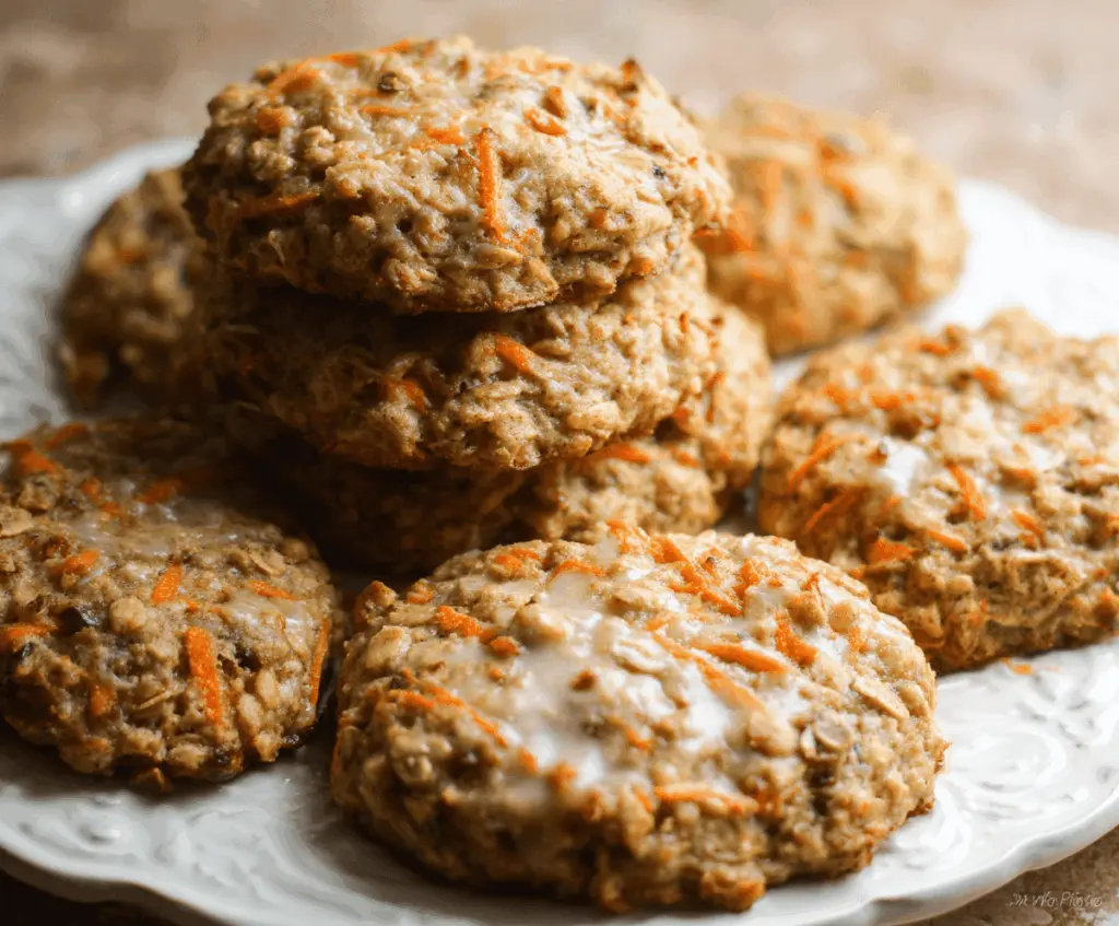 Delicious homemade carrot cake oatmeal cookies with shredded carrots, walnuts, and cream cheese frosting on top, served on a white plate.