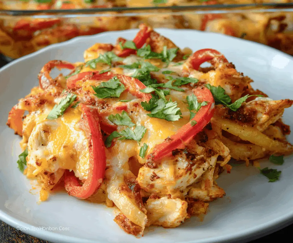 Delicious Chicken Fajita Casserole topped with melted cheese and colorful bell peppers, served hot on a baking dish.