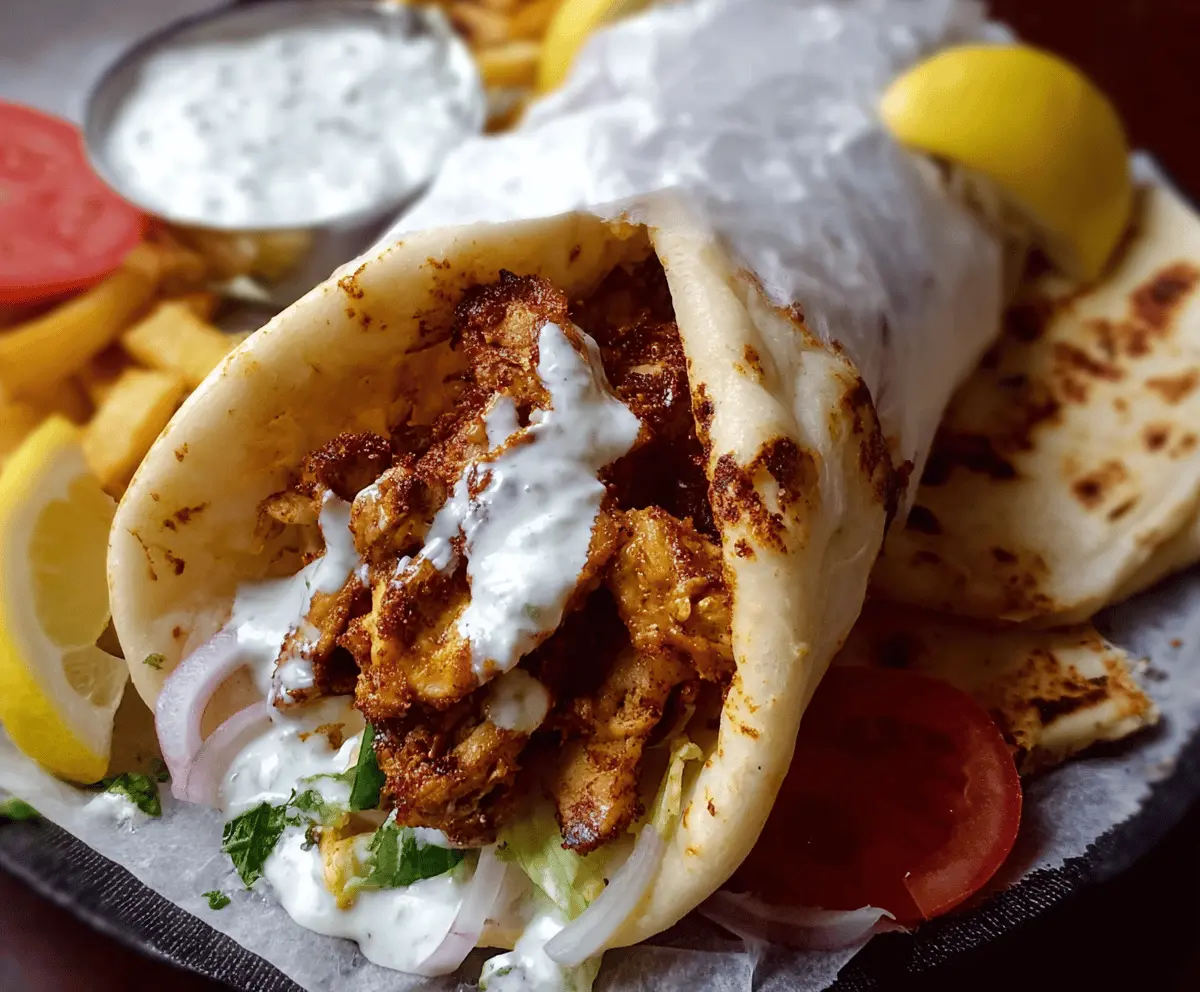 Delicious Chicken Shawarma topped with creamy garlic sauce, served with fresh vegetables and pita bread on a vibrant plate