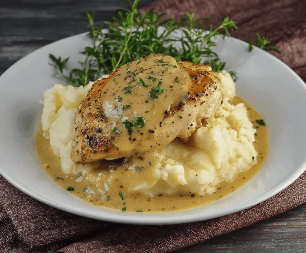 Delicious chicken with creamy Dijon sauce served alongside fluffy mashed potatoes, perfect for a comforting dinner.