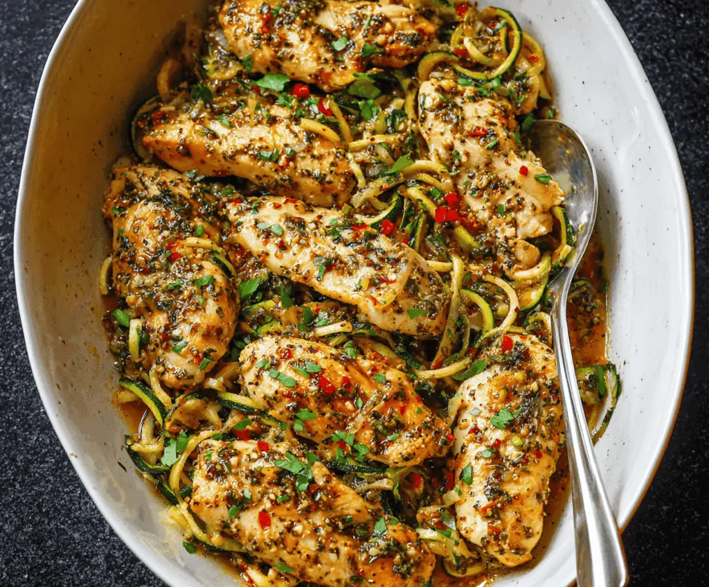Colorful Chicken Zucchini Stir Fry featuring tender chicken strips and fresh zucchini slices in a savory sauce on a white plate.