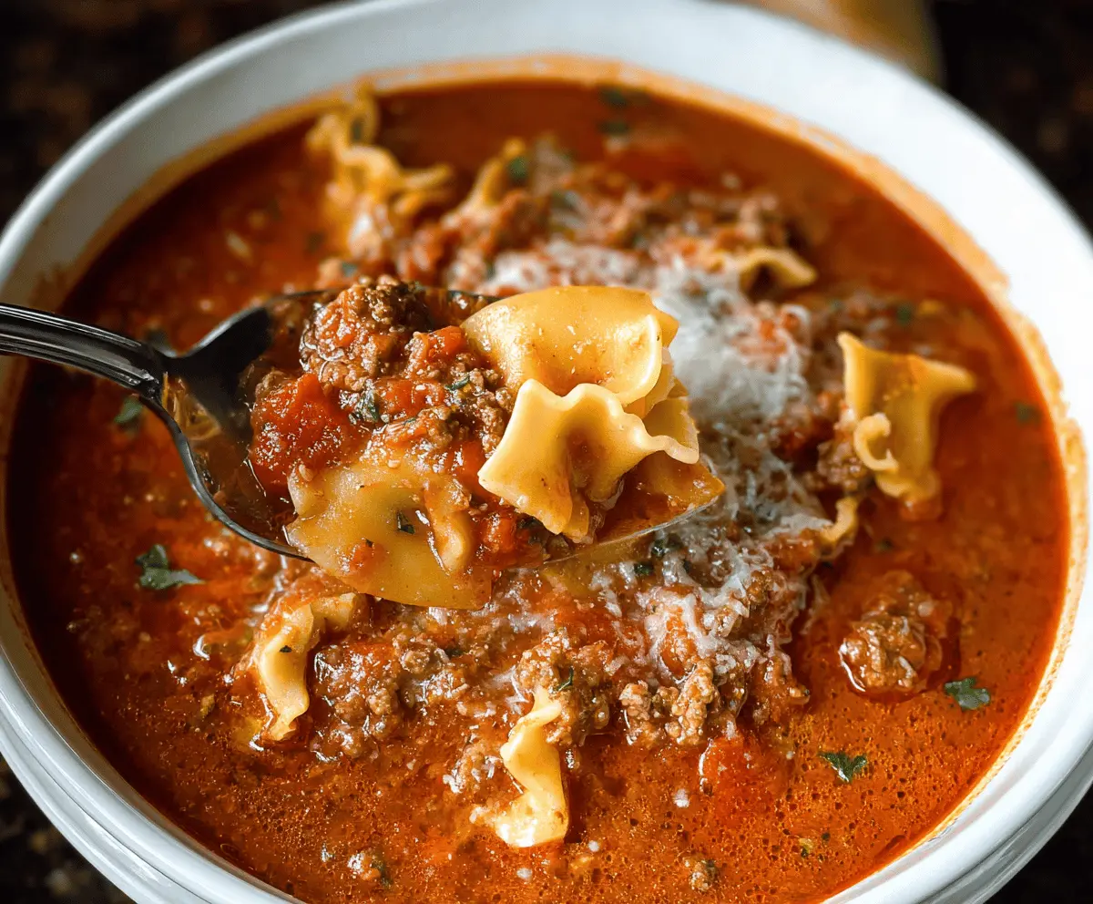 Bowl of classic lasagna soup with melted cheese and basil