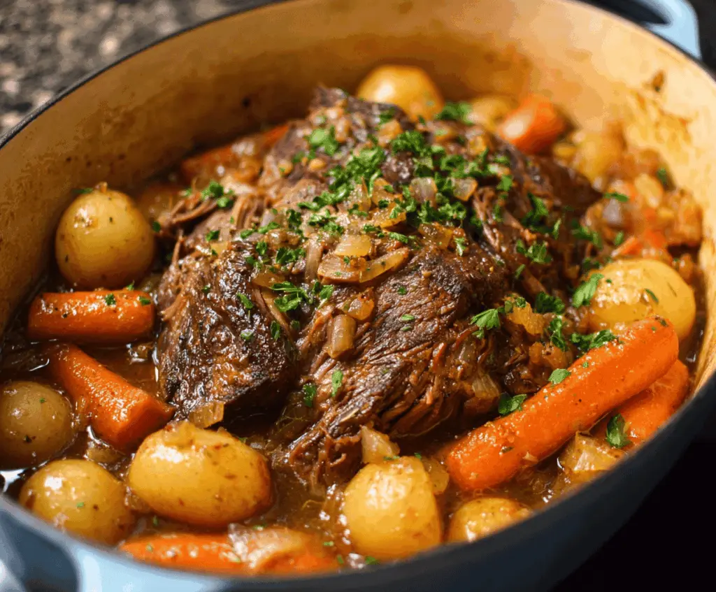 Juicy and tender classic pot roast with vegetables, served on a rustic wooden table