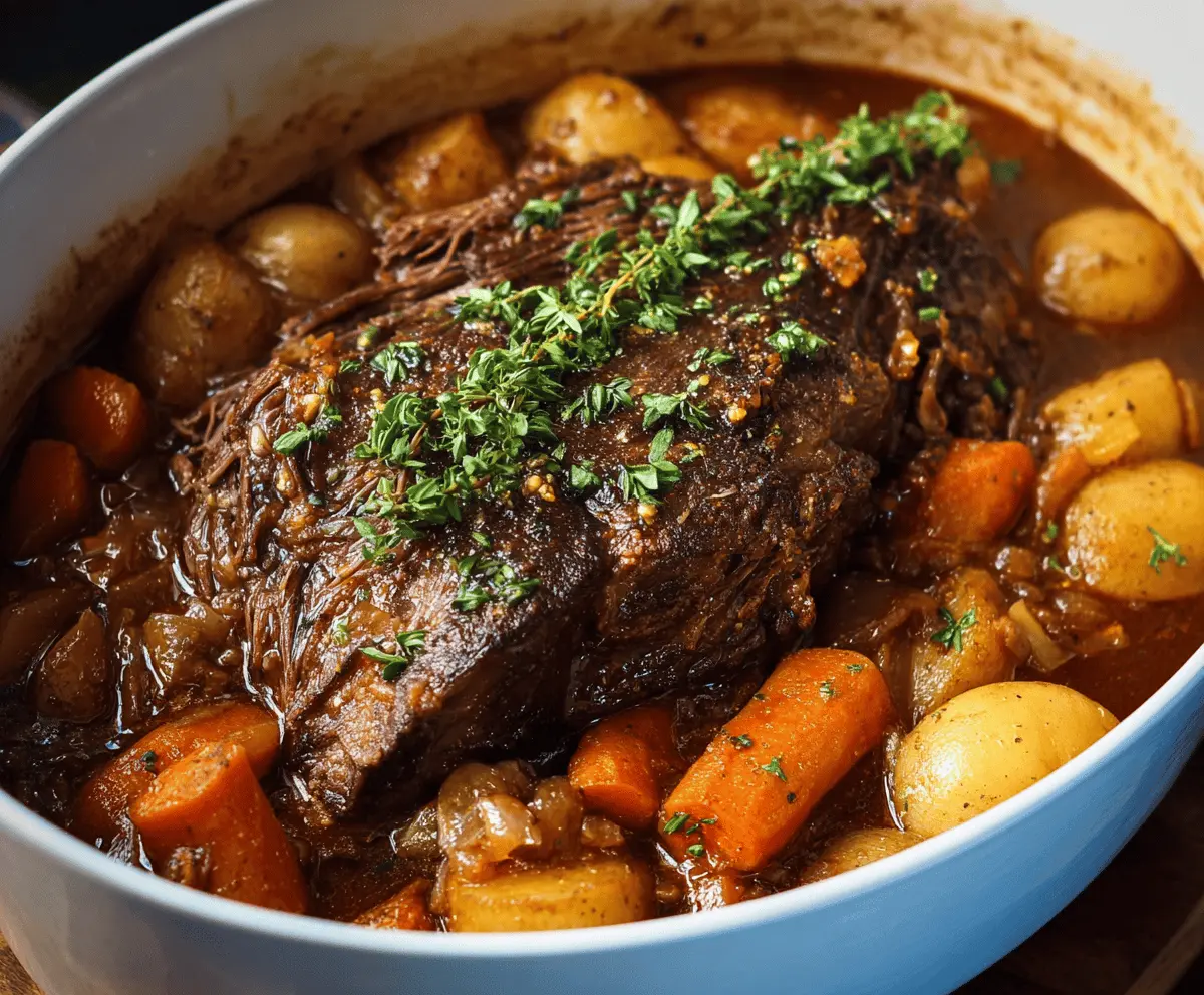 Classic pot roast cooking in Dutch oven with carrots and potatoes