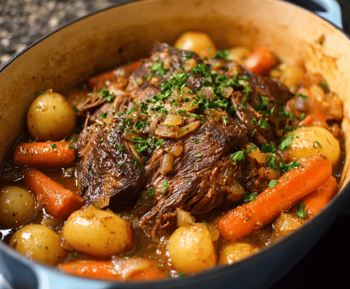 Tender classic pot roast with carrots and potatoes in rich gravy