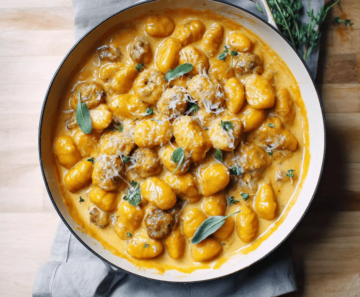 Creamy butternut squash gnocchi with sausage served on a plate, garnished with fresh herbs and Parmesan cheese, in a close-up shot perfect for recipe inspiration.