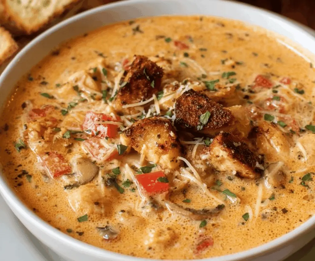 Creamy Cajun Chicken Soup in a bowl topped with fresh herbs and spices, featuring tender chicken, vegetables, and a flavorful creamy broth.