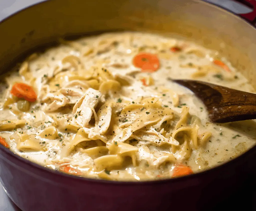 A steaming bowl of creamy chicken noodle soup garnished with fresh herbs, featuring tender chicken, vegetables, and noodles in a rich, smooth broth.