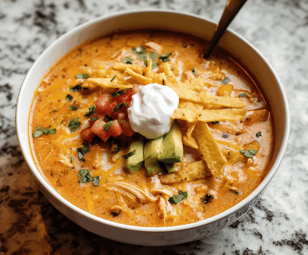 Creamy chicken tortilla soup topped with melted cheese, fresh cilantro, and crispy tortilla chips in a bowl