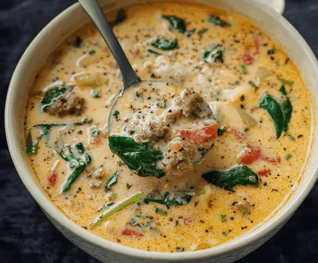 A bowl of creamy Parmesan Italian sausage soup garnished with fresh herbs, featuring sausage, spinach, and melted cheese in a rich broth.