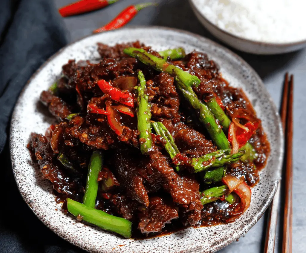 Delicious crispy chilli beef served on a white plate with garnished green onions, featuring golden-brown beef strips coated in spicy chilli sauce, perfect for a flavorful Asian-inspired dish.