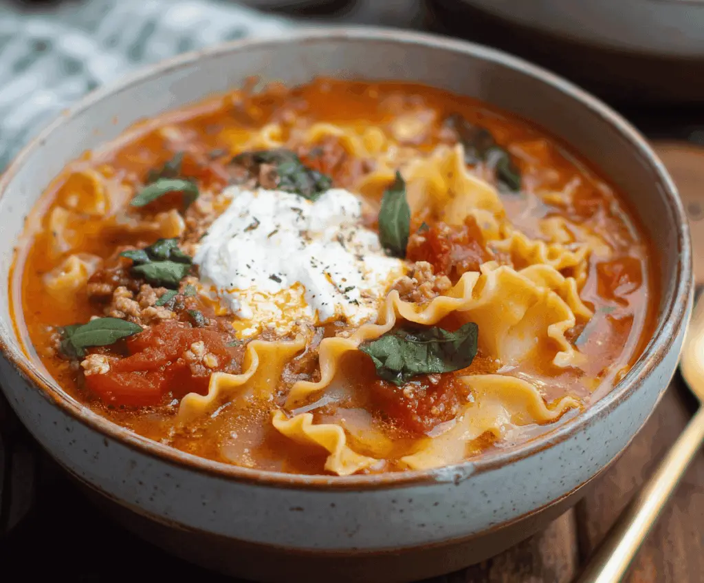 Creamy dairy-free lasagna soup with rich tomato broth, layered with zucchini noodles, vegan cheese, and fresh basil garnished in a bowl.