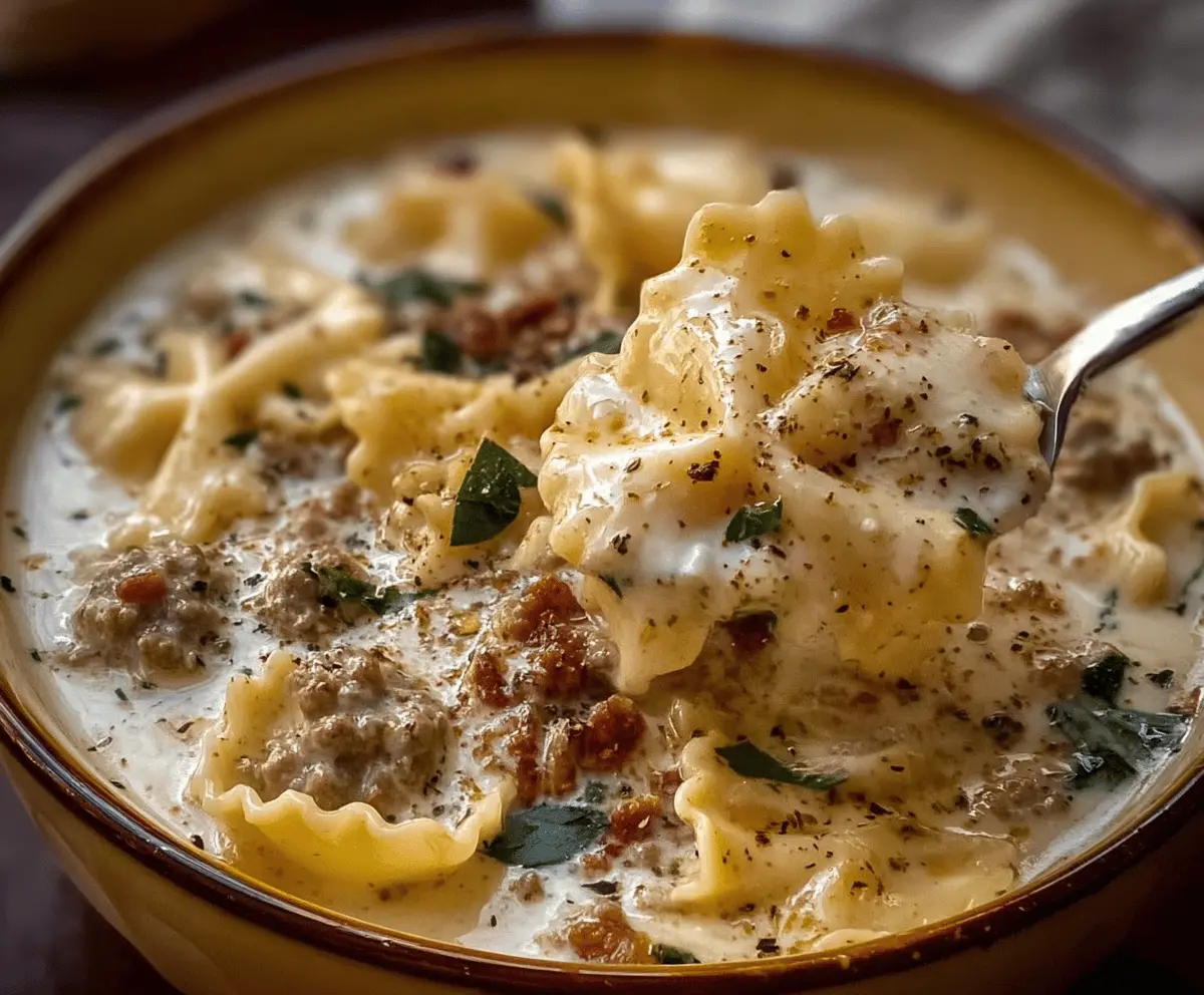 Creamy Alfredo Lasagna Soup topped with melted cheese and fresh basil, served in a bowl, showcasing a rich, cheesy Italian-inspired comfort food meal.