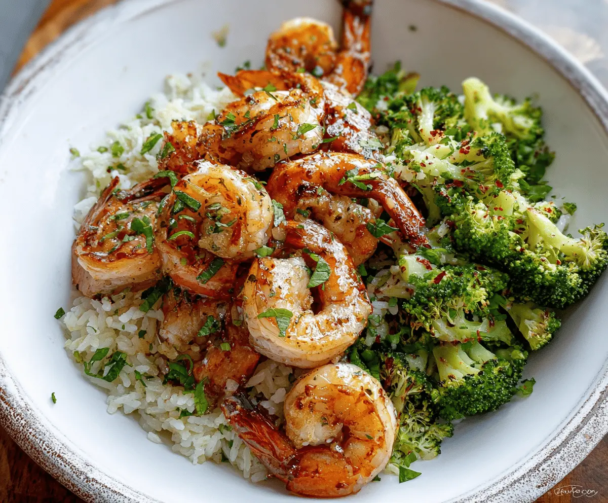 Delicious garlic butter shrimp served with broccoli and rice, garnished with fresh herbs for a flavorful seafood and vegetable meal.
