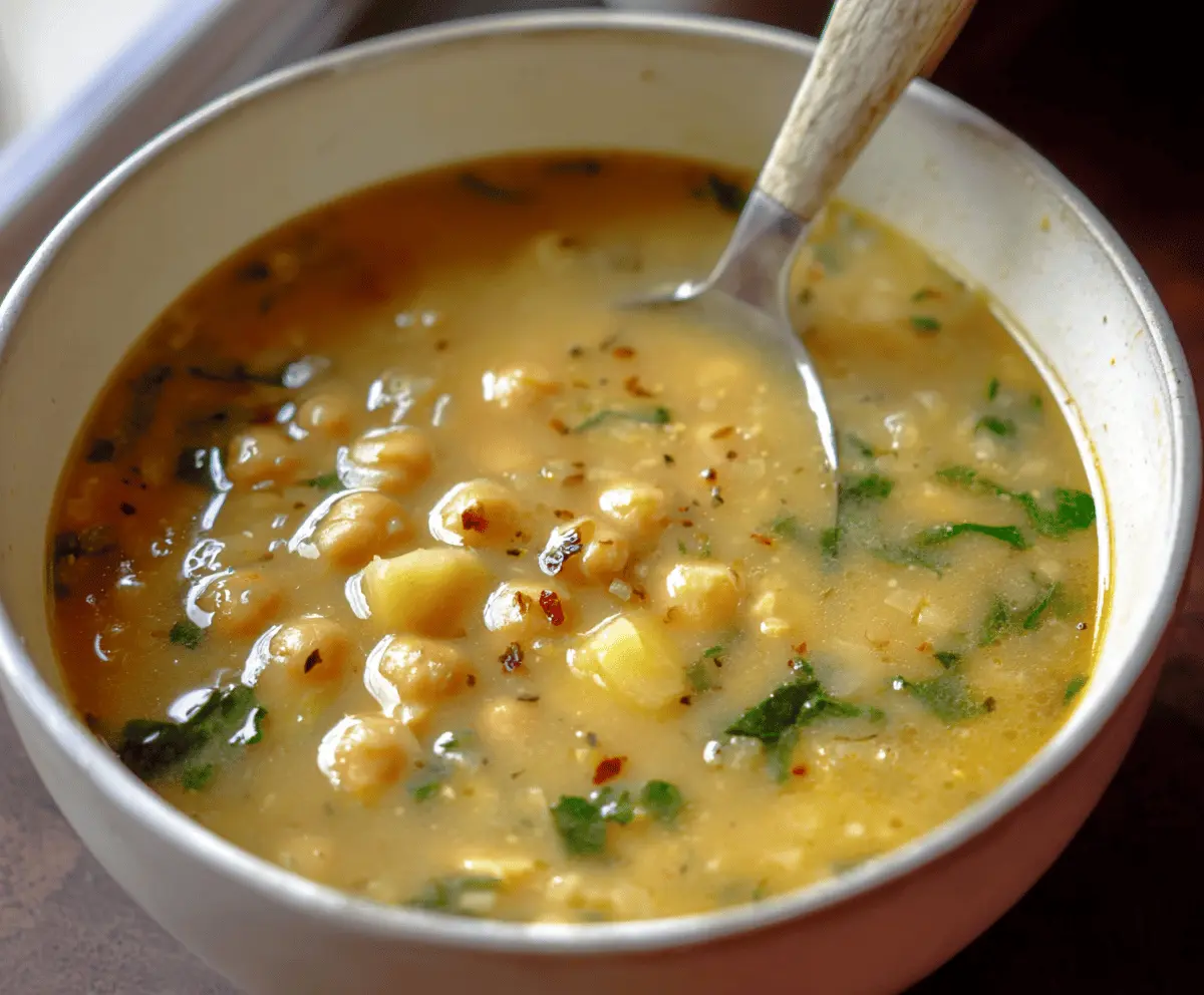 Creamy garlic chickpea soup garnished with fresh herbs in a bowl, served with crusty bread on a rustic wooden table.
