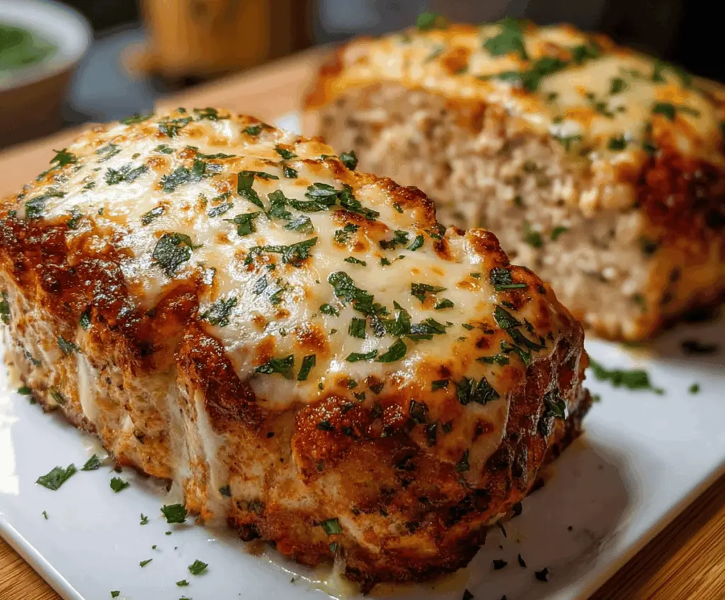 Delicious garlic parmesan chicken meatloaf topped with melted cheese and fresh herbs, served on a white plate