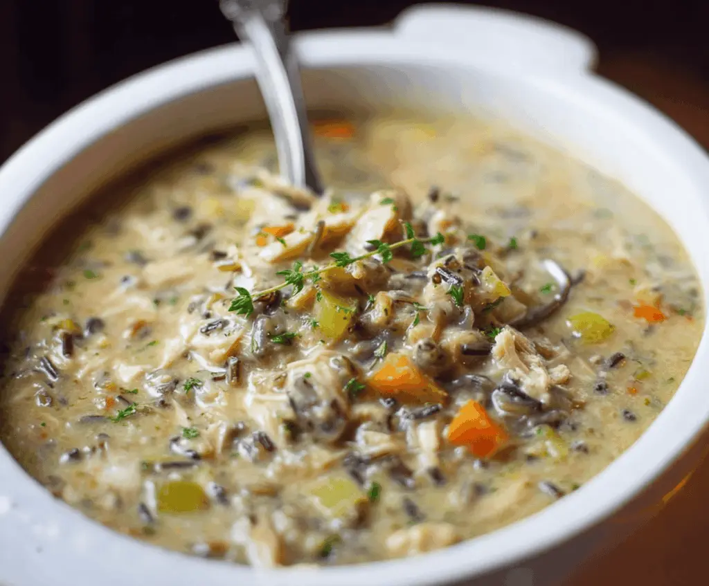 Creamy and hearty healthy chicken wild rice soup featuring tender chicken, wild rice, vegetables, and herbs in a delicious broth