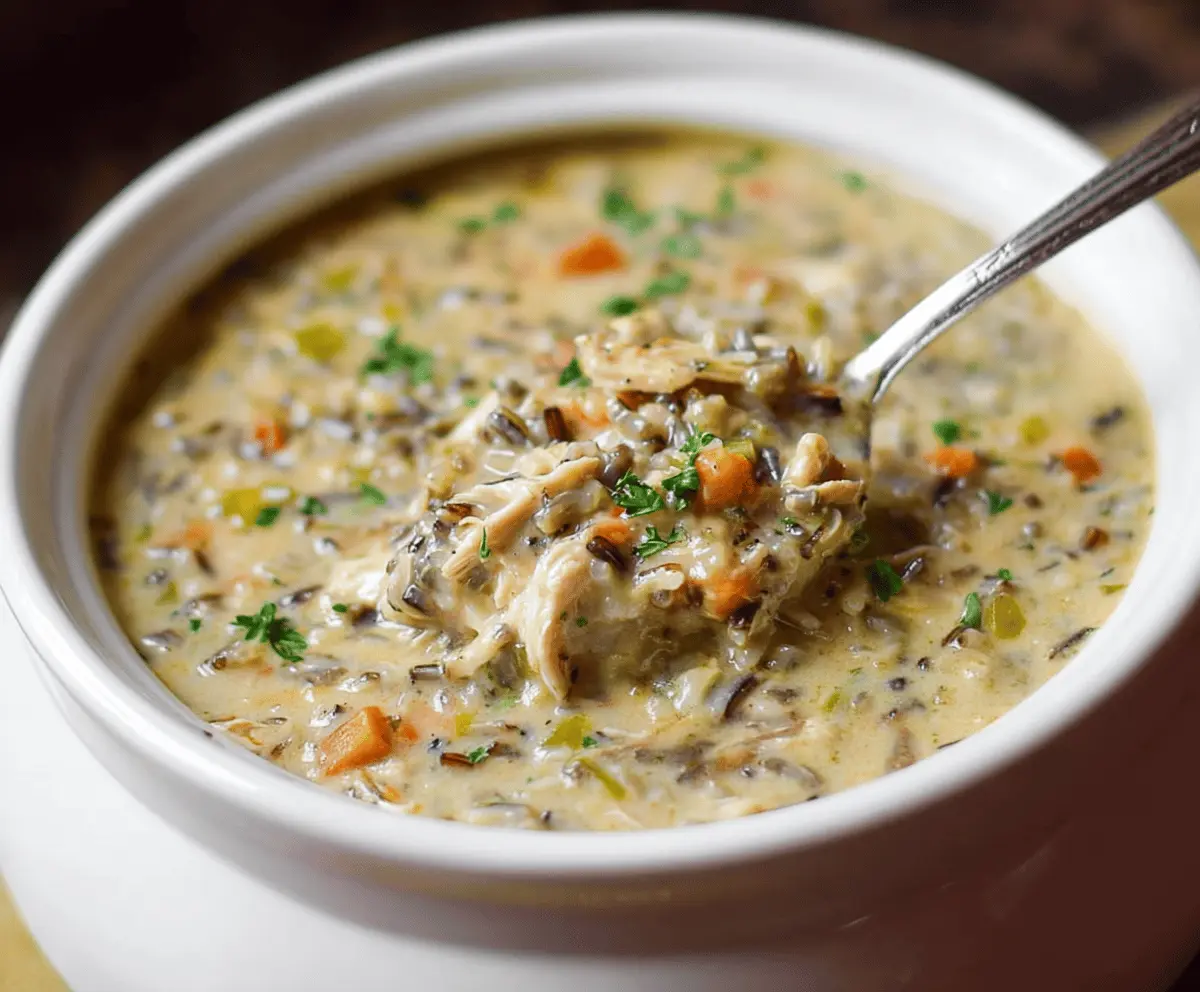 Steaming bowl of chicken wild rice soup with vegetables and herbs
