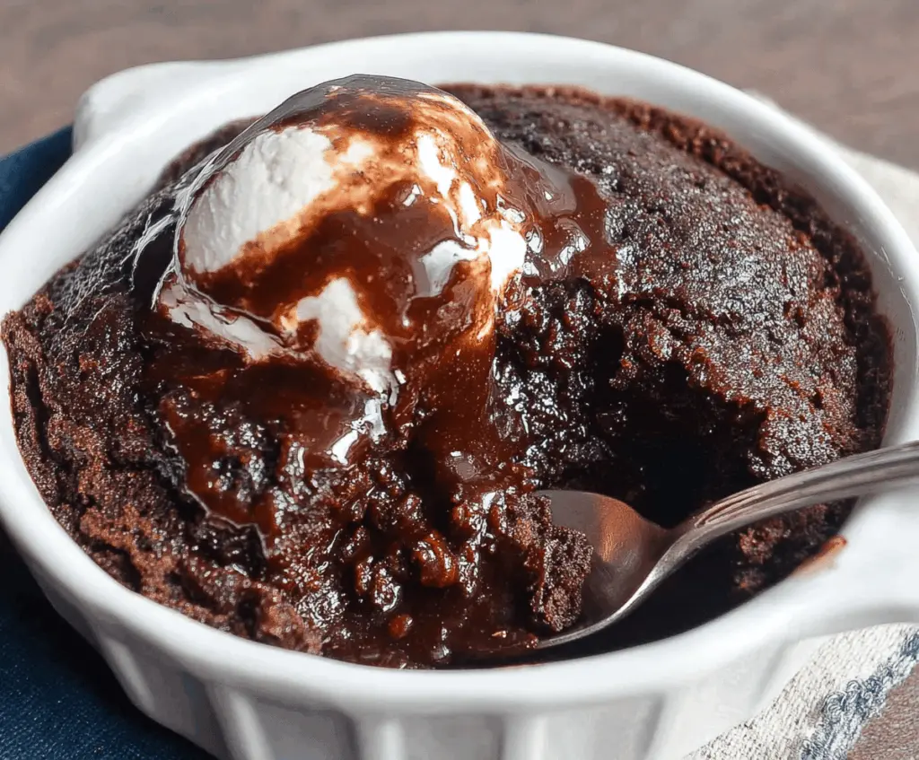 Delicious hot fudge pudding cake with rich chocolate sauce served in a bowl, perfect for dessert lovers