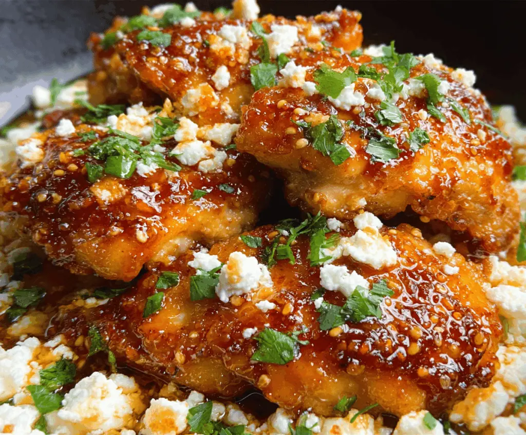 Creamy baked feta chicken topped with drizzles of spicy hot honey and garnished with fresh herbs, served on a rustic plate.