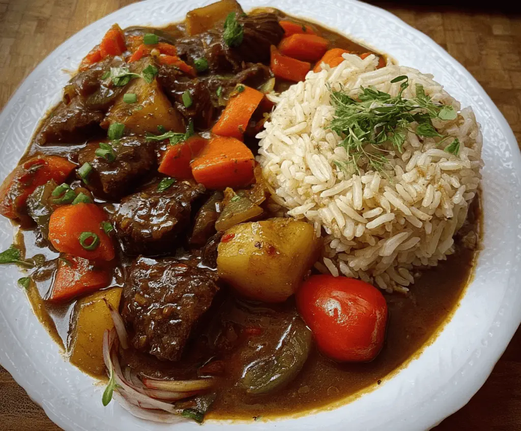 Delicious Jamaican Beef Stew served with fluffy rice, showcasing tender beef, vibrant vegetables, and rich spices on a plate.