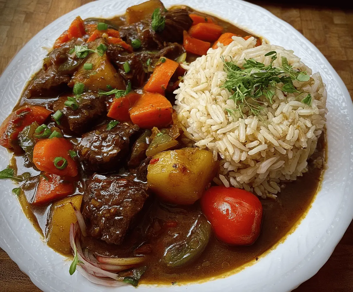 Delicious Jamaican Beef Stew served with fluffy rice, showcasing tender beef, vibrant vegetables, and rich spices on a plate.