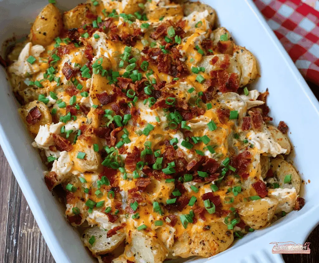 Creamy loaded potato ranch chicken casserole topped with melted cheese and crispy bacon, served with fresh herbs