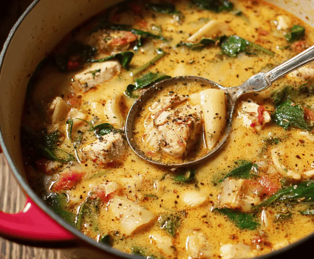 Creamy Marry Me Chicken Soup with tender chicken, spinach, and herbs in a rich broth, perfect for comforting, romantic meals.