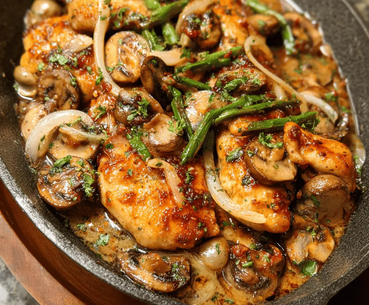 Golden seared chicken simmering in creamy mushroom sauce