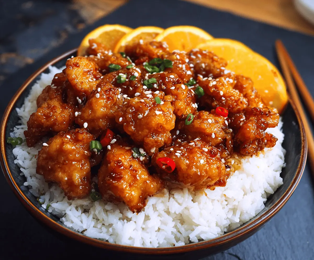 Glossy orange chicken glazed and ready to serve over rice