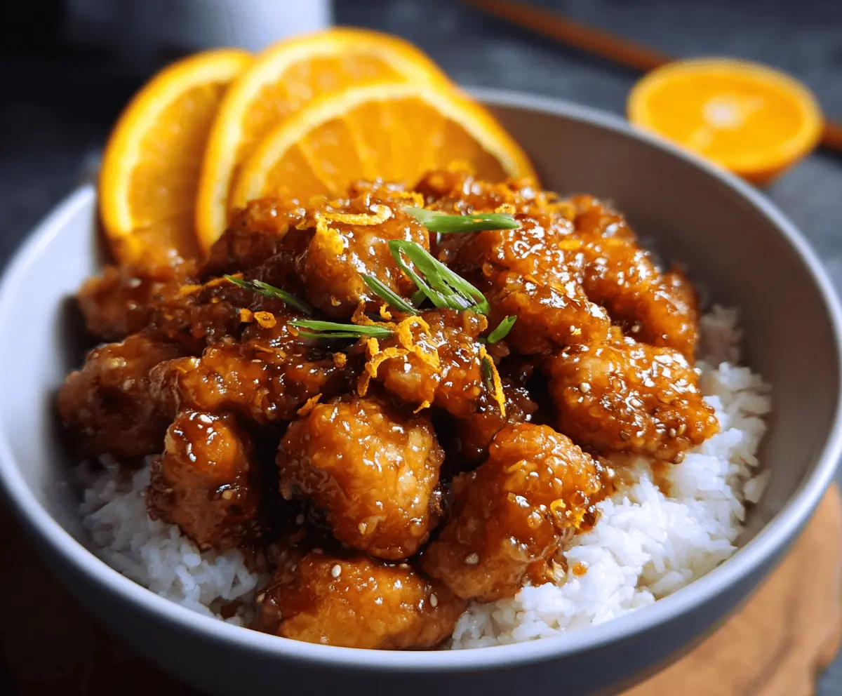 Crispy orange chicken coated in tangy orange sauce with sesame seeds and green onions