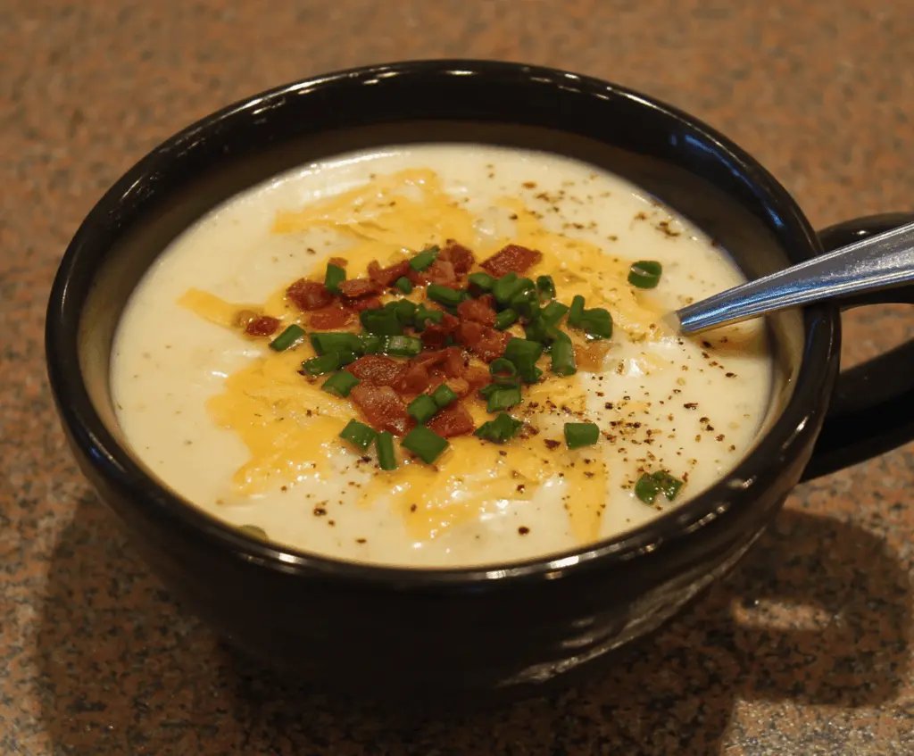 Creamy Outback Steakhouse Potato Soup served in a bowl with fresh herbs and crispy bacon garnish
