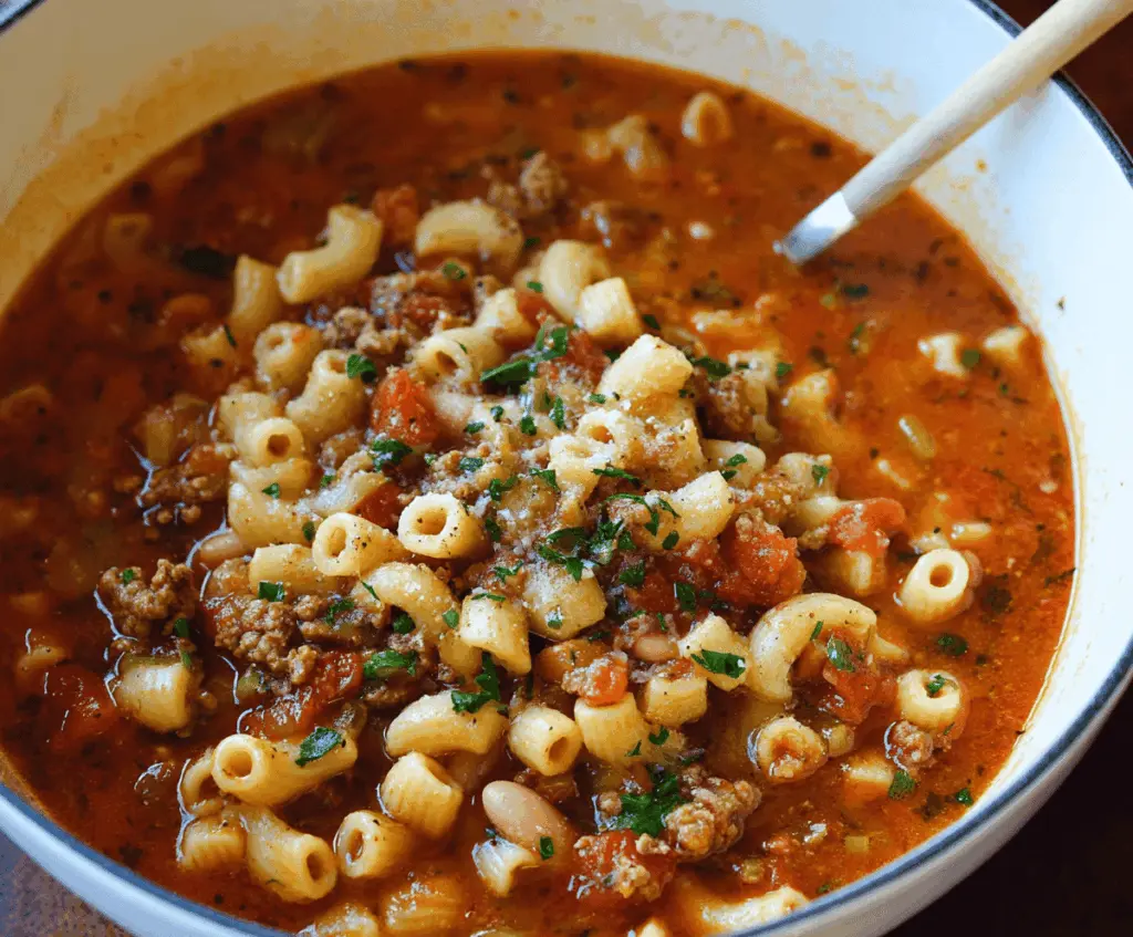 Creamy Pasta Fagioli soup with pasta, beans, and fresh herbs in a bowl, served with bread on a rustic table.