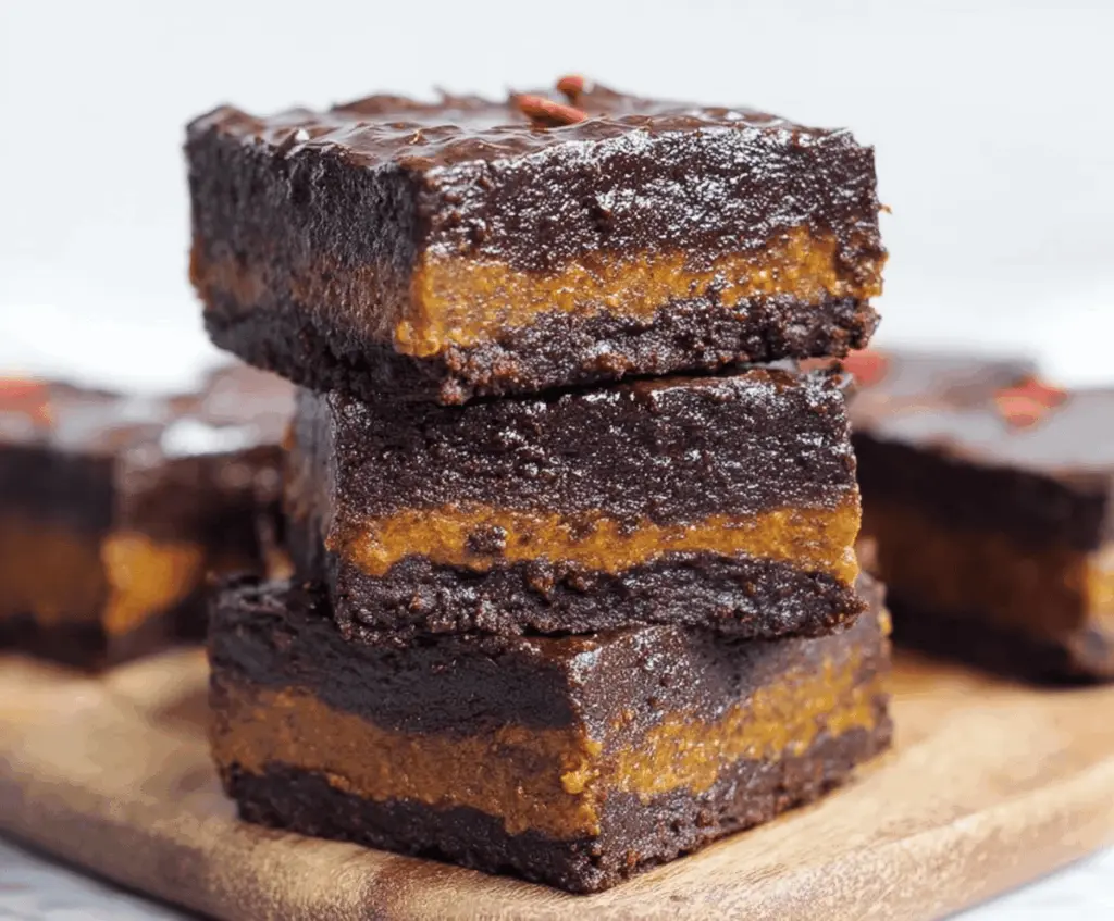 Delicious homemade pumpkin brownies with chocolate swirls, topped with a sprinkle of powdered sugar, perfect for fall desserts.