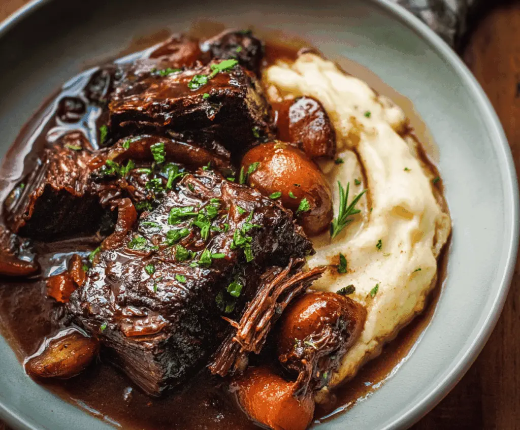Succulent braised beef cooked in rich red wine with tender vegetables, perfect for a hearty meal.