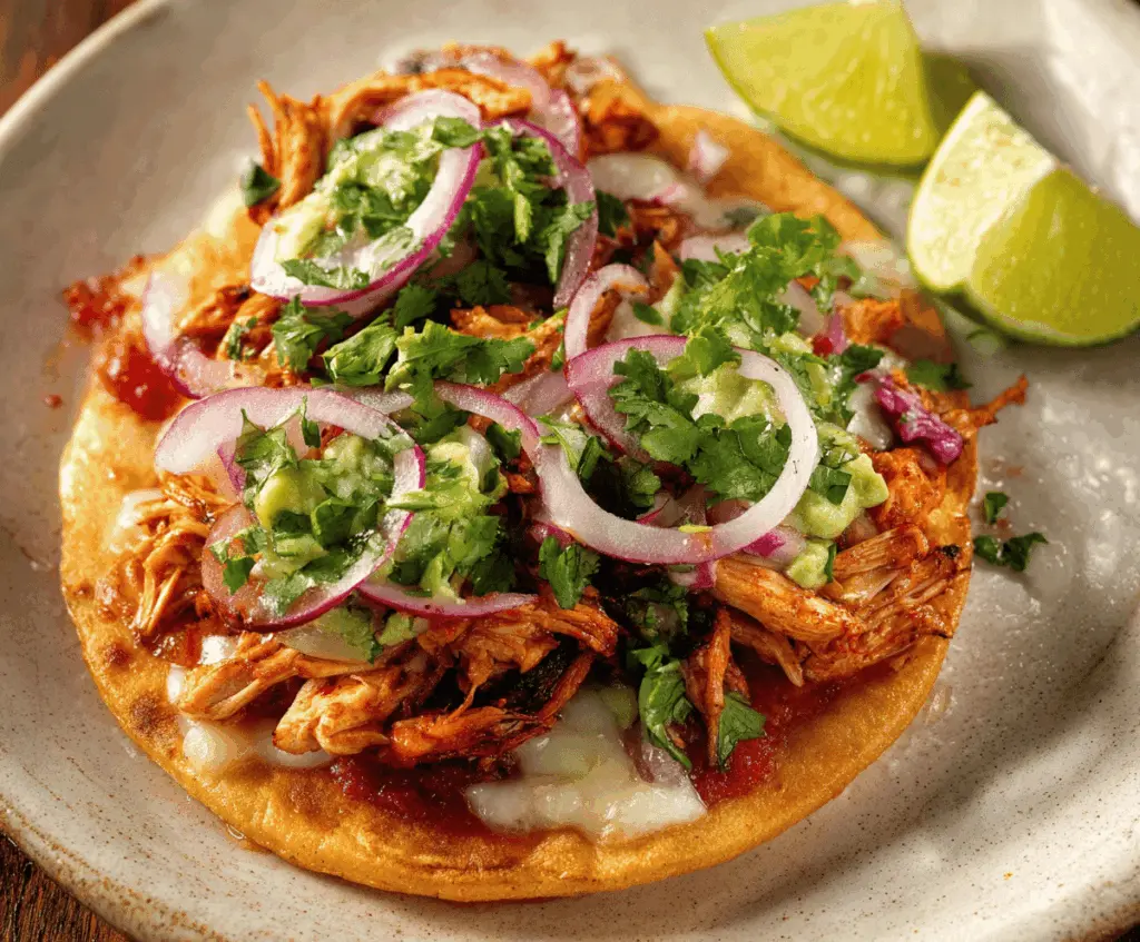 Delicious rotisserie chicken tostadas topped with fresh vegetables, cheese, and cilantro on a plate ready to serve