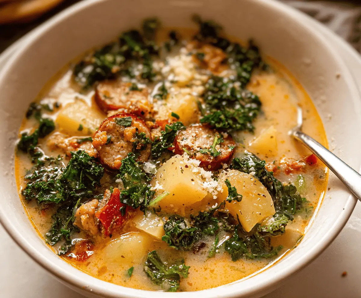Hearty sausage, potato, and kale soup served in a bowl with fresh herbs and crusty bread on the side