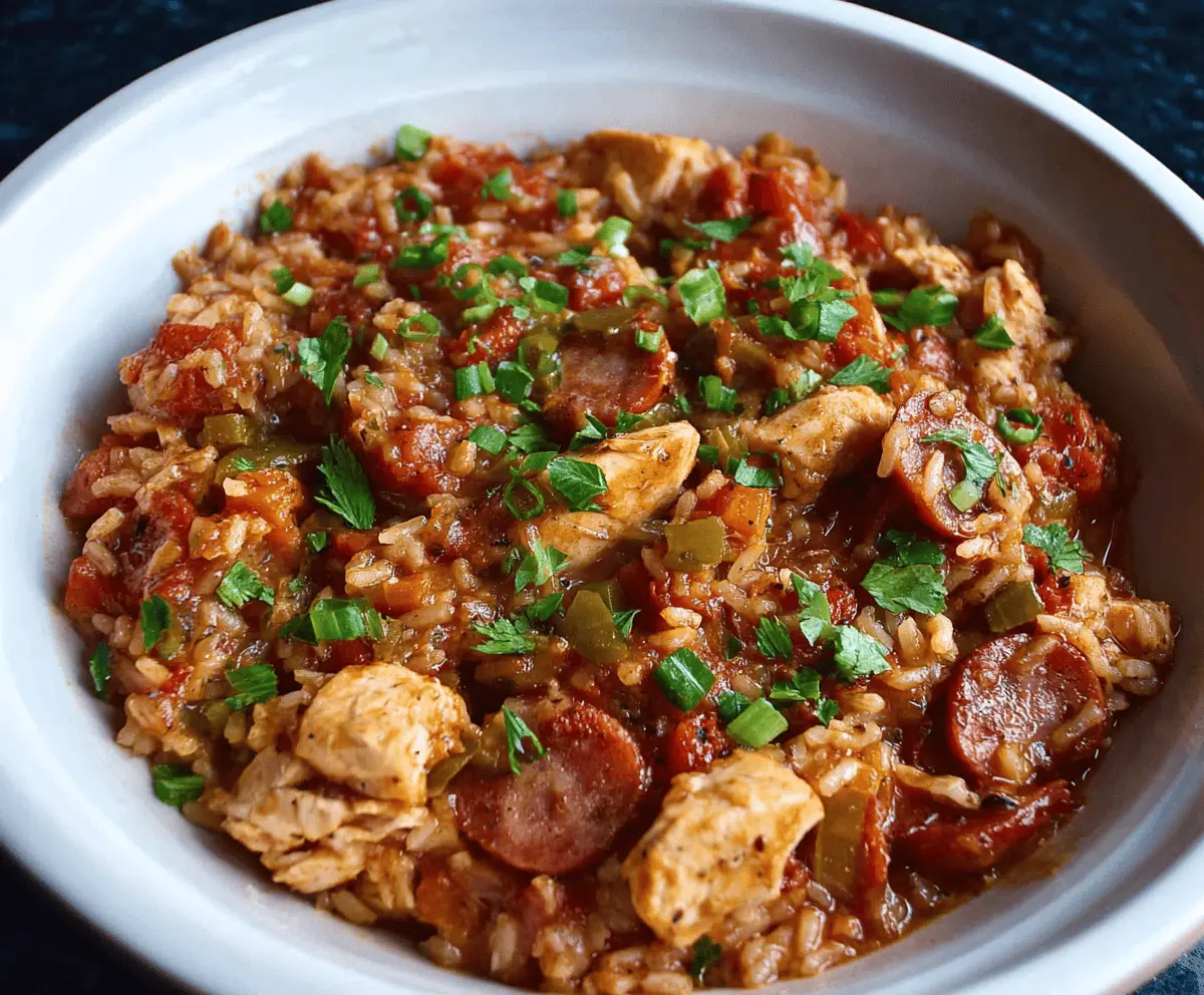 Creamy and flavorful Slow Cooker Chicken Jambalaya with seasoned chicken, colorful vegetables, and fluffy rice in a savory Cajun-inspired dish
