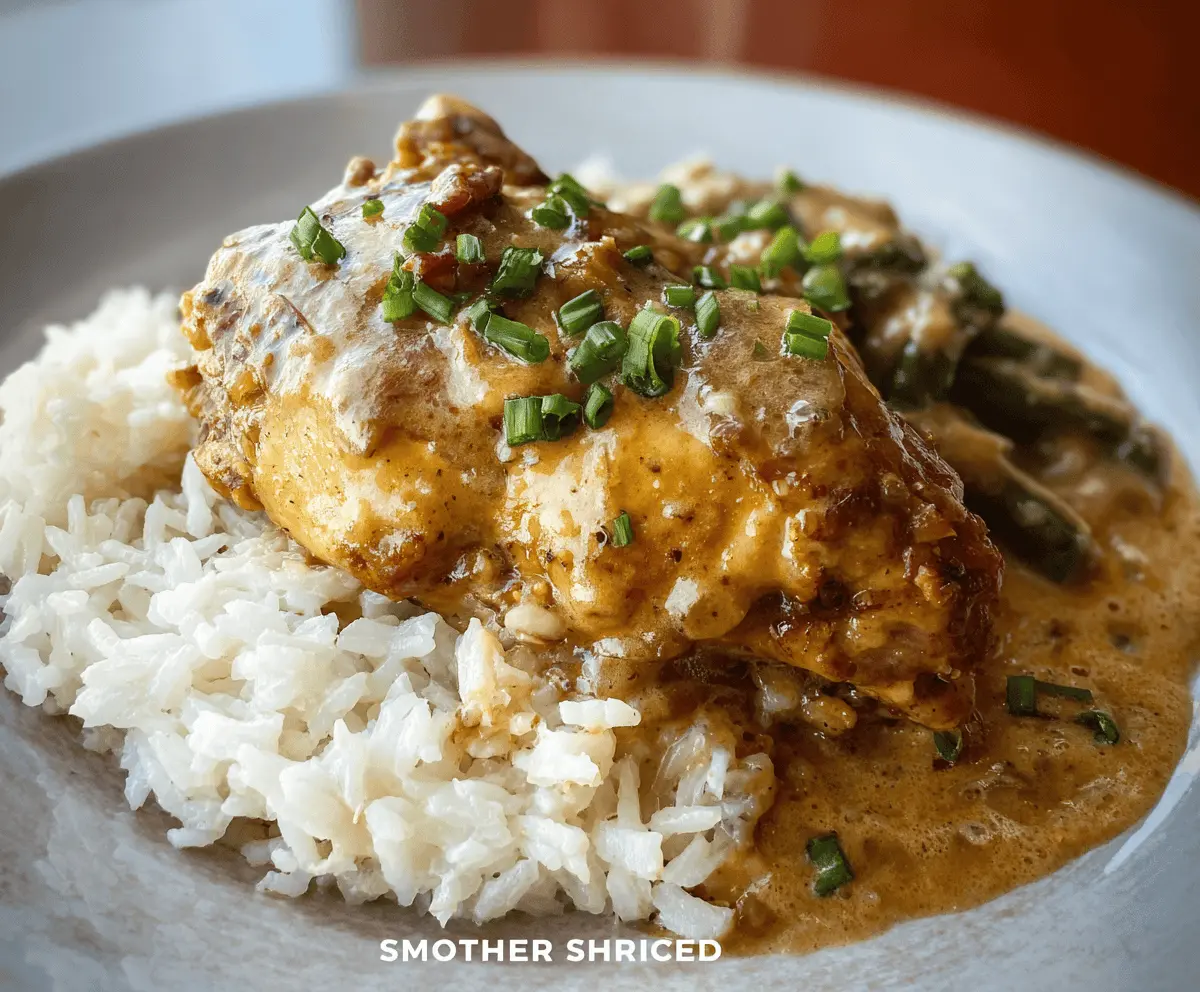 Delicious smothered chicken served over flavorful rice, topped with gravy and garnished with herbs, perfect for a comforting meal.