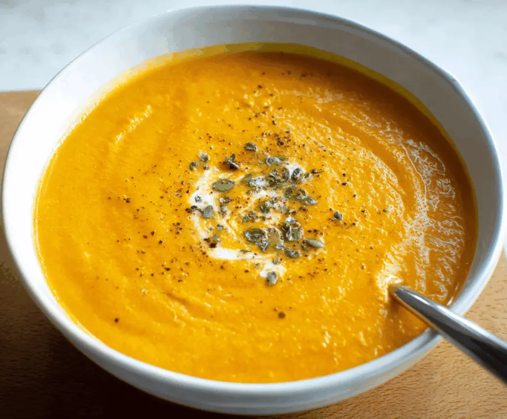 Creamy Spiced Carrot Ginger Soup garnished with fresh herbs in a bowl, featuring vibrant orange color and a sprinkle of spices for warmth and flavor.