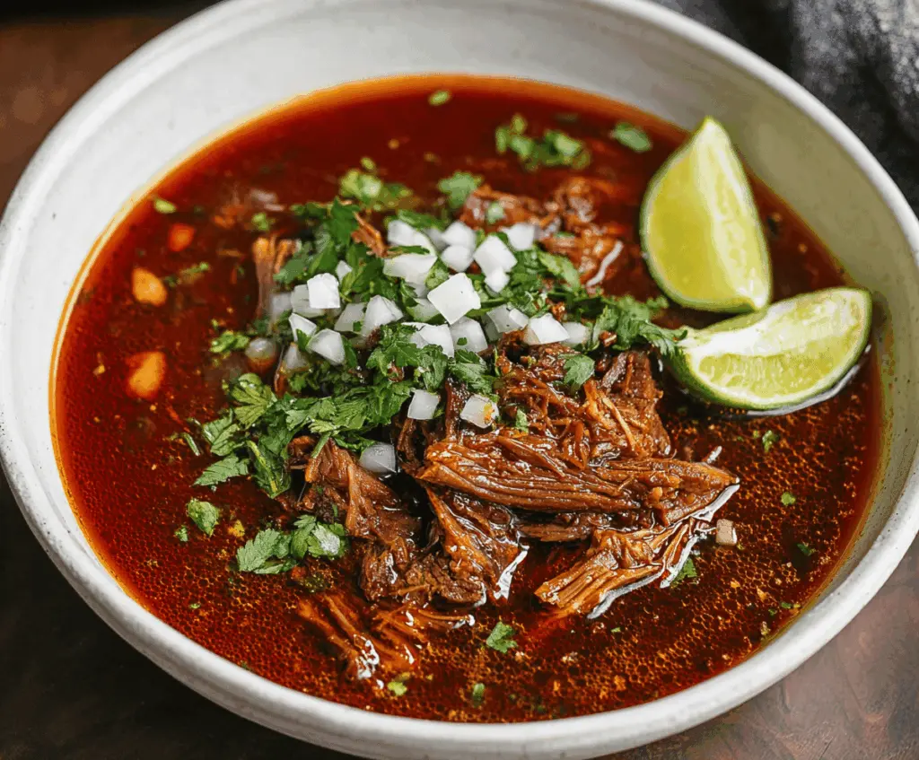 Delicious and flavorful Mexican Birria served with tender meat, rich red sauce, fresh herbs, and traditional side accompaniments.